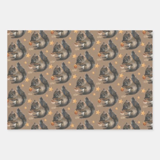 Feuille De Papier Cadeau Écureuils Kraft rustiques et étoiles d'or (Devant 3)