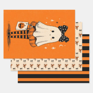 Feuille De Papier Cadeau Éffrayant Fantôme Feu Orange et Noir Halloween