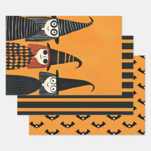 Feuille De Papier Cadeau Éffrayantes sorcières mignonnes brûlées orange et