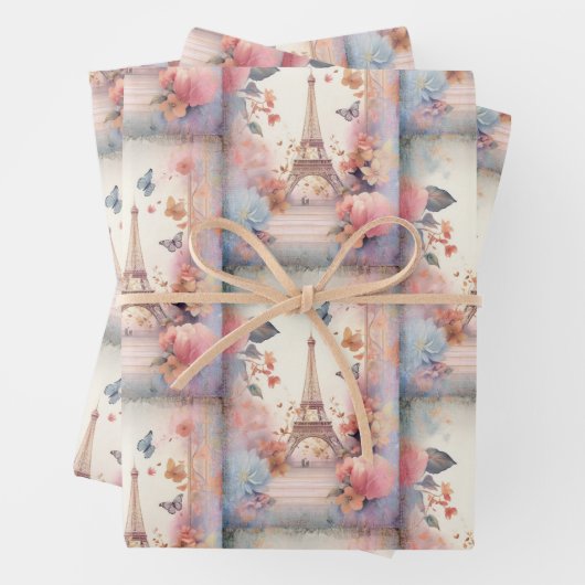 Feuille De Papier Cadeau Eiffel Tower Butterflies and Flowers Pattern (En situation)