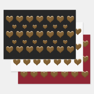 Feuille De Papier Cadeau Elégant 3 Couleur Grand Coeurs d'Or Brossé
