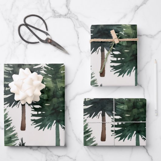Feuille De Papier Cadeau Élégant Aquarelle Pine Tree Noël (Recto)