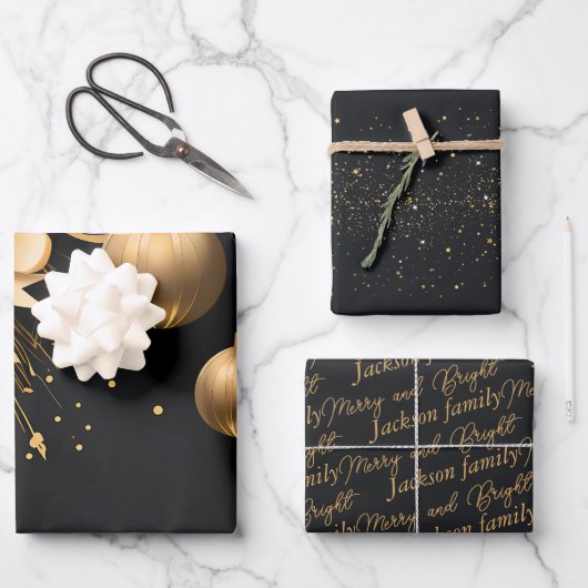 Feuille De Papier Cadeau Élégant Black & Gold Custom Christmas Wrapper (Recto)