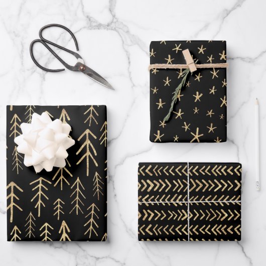 Feuille De Papier Cadeau Élégant Black Gold Foil Motifs de vacances (Recto)