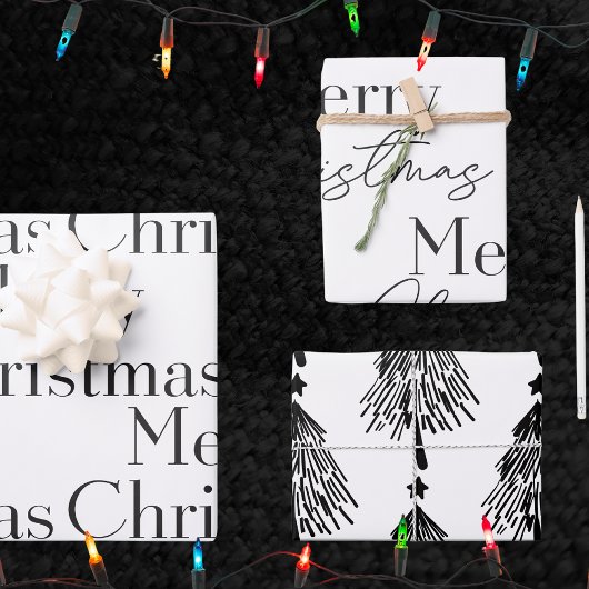 Feuille De Papier Cadeau Elegant Black White Merry Christmas Tree Quote