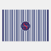 Feuille De Papier Cadeau Élégant bleu marine rouge rayé monogramme initial (Devant)