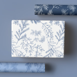 Feuille De Papier Cadeau Elégant bleu Monochrome Rustique Botaniques d'hive