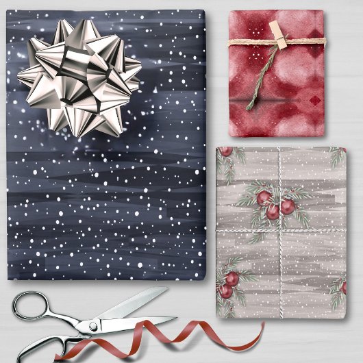 Feuille De Papier Cadeau Elégant Bleu Rouge Gris Snowy Berries Noël