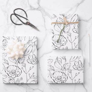 Feuille De Papier Cadeau Élégant Botanique Floral noir et blanc