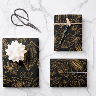 Feuille De Papier Cadeau Élégant Cacao Fleur Fruit Noir Or Entreprise