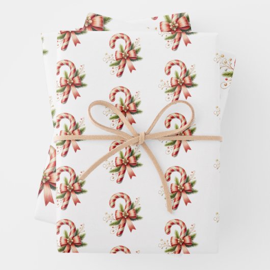 Feuille De Papier Cadeau Elegant Candy Cane with Red Bow Set of 3 Christmas (En situation)