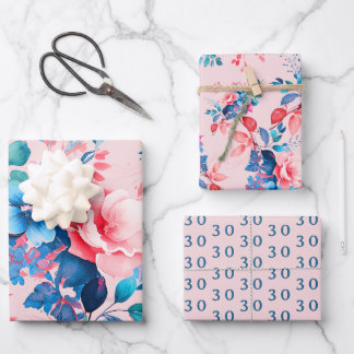Feuille De Papier Cadeau Elégant Chic Aquarelle Floral 30e Anniversaire Blu