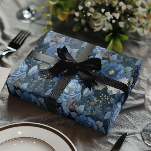 Feuille De Papier Cadeau Elegant Christmas Blue and White Floral Gift 