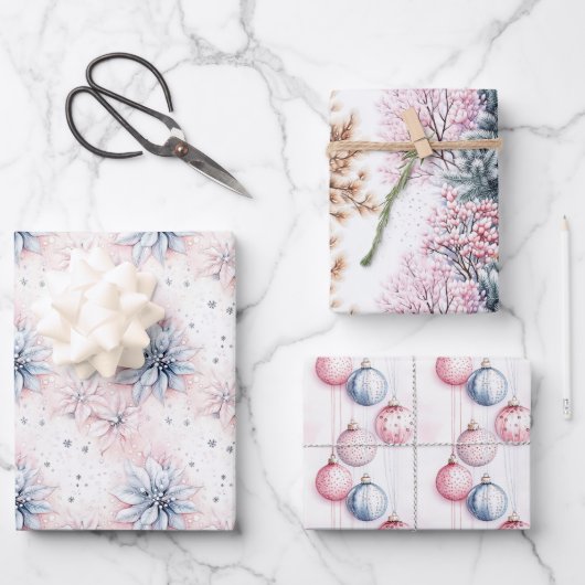 Feuille De Papier Cadeau Élégant classique bleu rose pastel Noël (Recto)