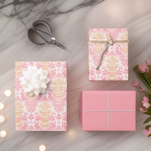 Feuille De Papier Cadeau Élégant Damas rose clair