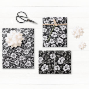 Feuille De Papier Cadeau Élégant floral noir et blanc