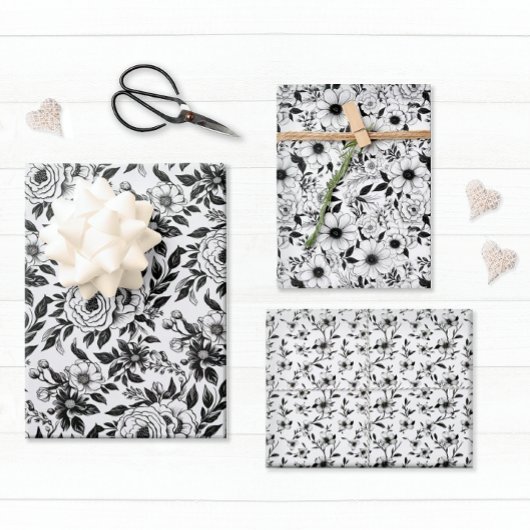 Feuille De Papier Cadeau Élégant floral noir et blanc