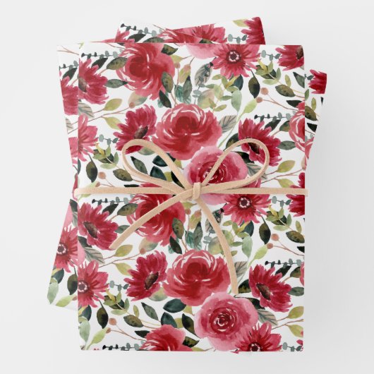 Feuille De Papier Cadeau Élégant floral rouge (En situation)
