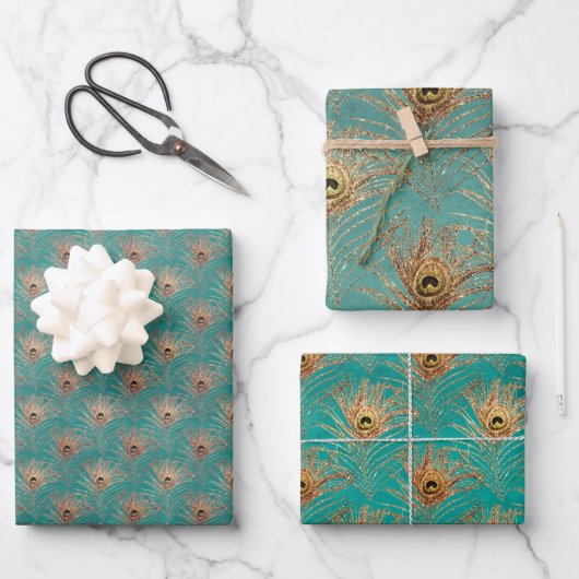 Feuille De Papier Cadeau Elegant Glitter Peacock Feathers Pattern (Recto)