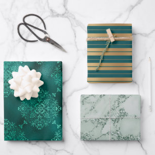 Feuille De Papier Cadeau Elegant Gold Green Stripes Parties scintillant Dam
