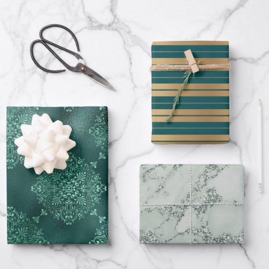 Feuille De Papier Cadeau Elegant Gold Green Stripes Parties scintillant Dam (Recto)