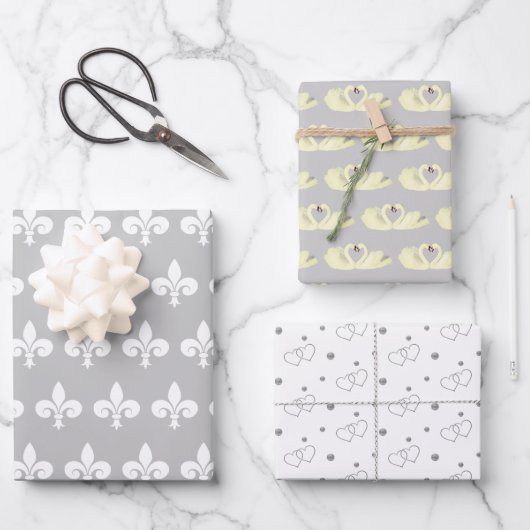 Feuille De Papier Cadeau Élégant Mariage gris et blanc argenté clair (Recto)