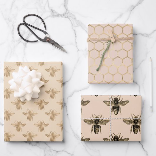 Feuille De Papier Cadeau Elégant mocha noir et or bee thème (Recto)