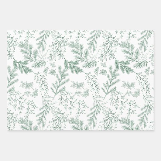 Feuille De Papier Cadeau Élégant Monochrome Vert Rustique Botaniques d'hive (Devant)