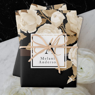 Feuille De Papier Cadeau Élégant Monogramme noir Rose or
