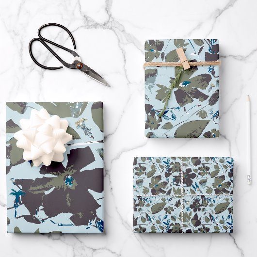 Feuille De Papier Cadeau Élégant motif floral bleu vert