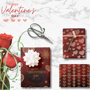 Feuille De Papier Cadeau Élégant Motif Red Gold Hearts Valentine