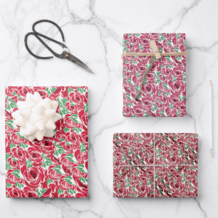 Feuille De Papier Cadeau Elégant Motif Rose Vintage - Rouge & Vert Floral