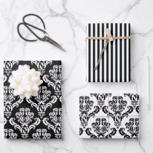 Feuille De Papier Cadeau Élégant noir et blanc Damas