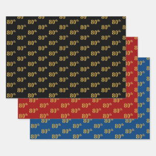 Feuille De Papier Cadeau Élégant Noir, Rouge, Bleu, Faux Or 80e événeme
