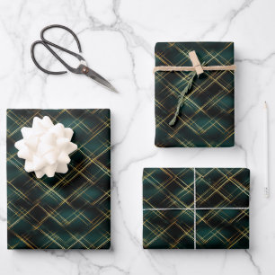 Feuille De Papier Cadeau Élégant or & tarte vert foncé Plaid Noël