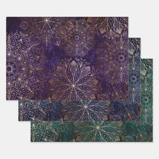 Feuille De Papier Cadeau Elégant or violet Turquoise & bleu floral Mandala (Lot)