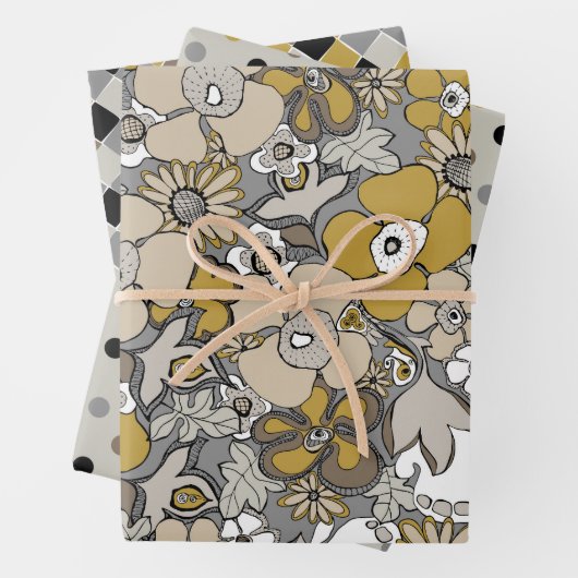 Feuille De Papier Cadeau Elegant Patterns Mustard Beige Taupe Grey (En situation)