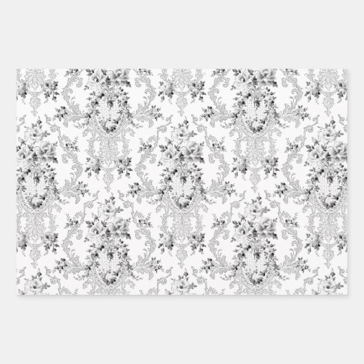 Feuille De Papier Cadeau Elégant Rococo Floral-Rose, Gris & Bleu (Devant)