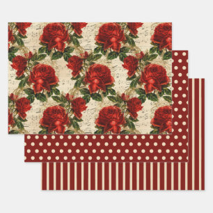 Feuille De Papier Cadeau Élégant Rustique Roses Rouges Points Polka Rayures