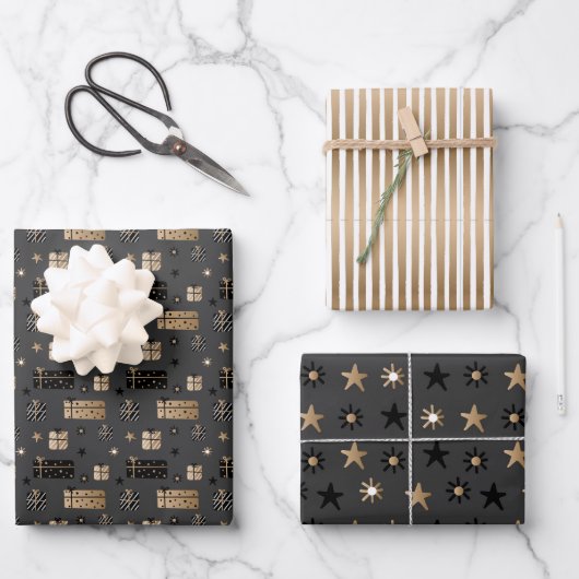 Feuille De Papier Cadeau Elégant Scandi Noël Or & Noir (Recto)