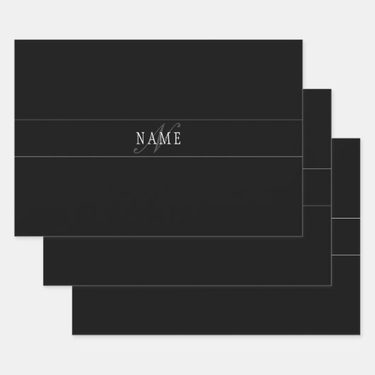 Feuille De Papier Cadeau Élégant Script Monogramme modifiable noir gris bla (Lot)