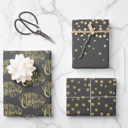 Feuille De Papier Cadeau Élégant script or & Confetti Noir Noël (Recto)