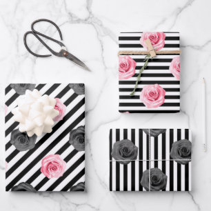 Feuille De Papier Cadeau Élégant shabby chic roses roses et rayures noires