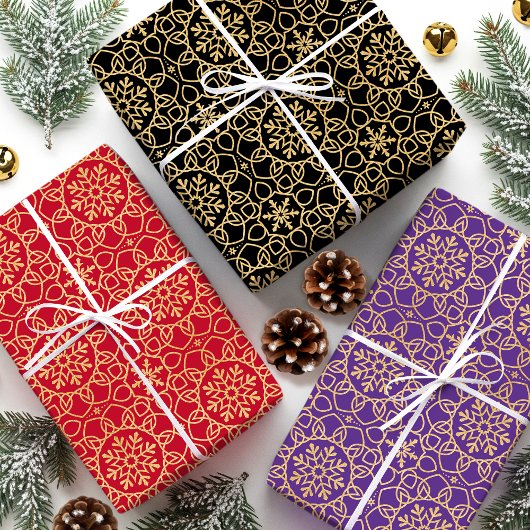 Feuille De Papier Cadeau Élégant Snowflake de Noël Faux Gold Purple Set