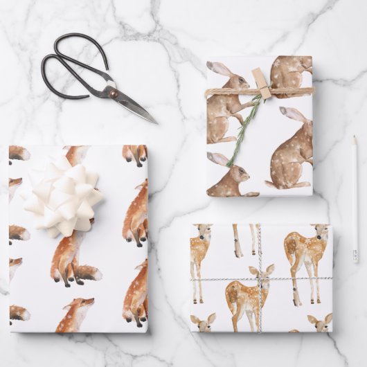 Feuille De Papier Cadeau Élégant Snowy Winter Animaux Red Fox Hare Doe Deer (Recto)