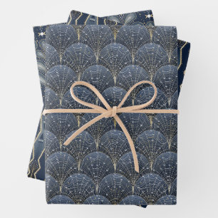 Feuille De Papier Cadeau Elégant sorcier bleu et or Art déco Motif