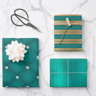 Feuille De Papier Cadeau Élégant Vert Gold Stripes Metallic Cadeau