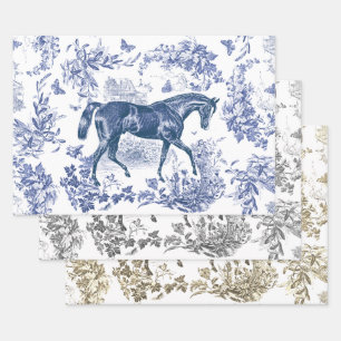 Feuille De Papier Cadeau Elégant Vintage Bleu Beige Gris Cheval Toile Flora