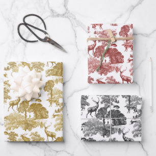 Feuille De Papier Cadeau Elégant Vintage Gold Red Toile Deer Fox Woodland