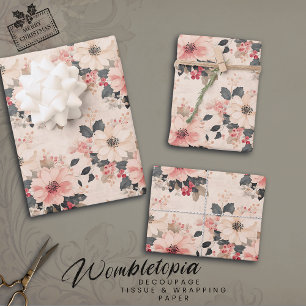 Feuille De Papier Cadeau Élégant Vintage Noël Floral & Berries Rose